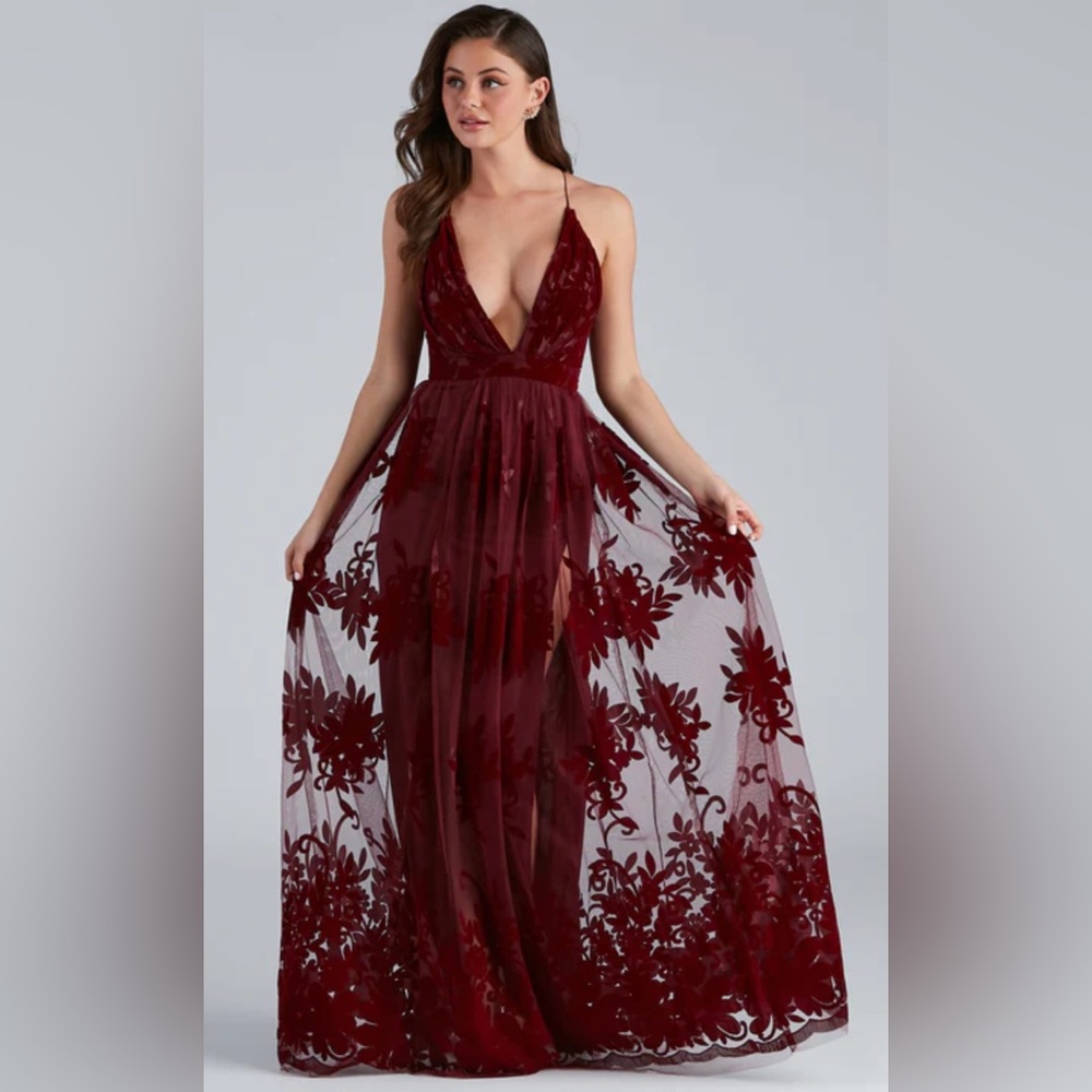 Burgundy Formal Velvet Print on Mesh Maxi Dress